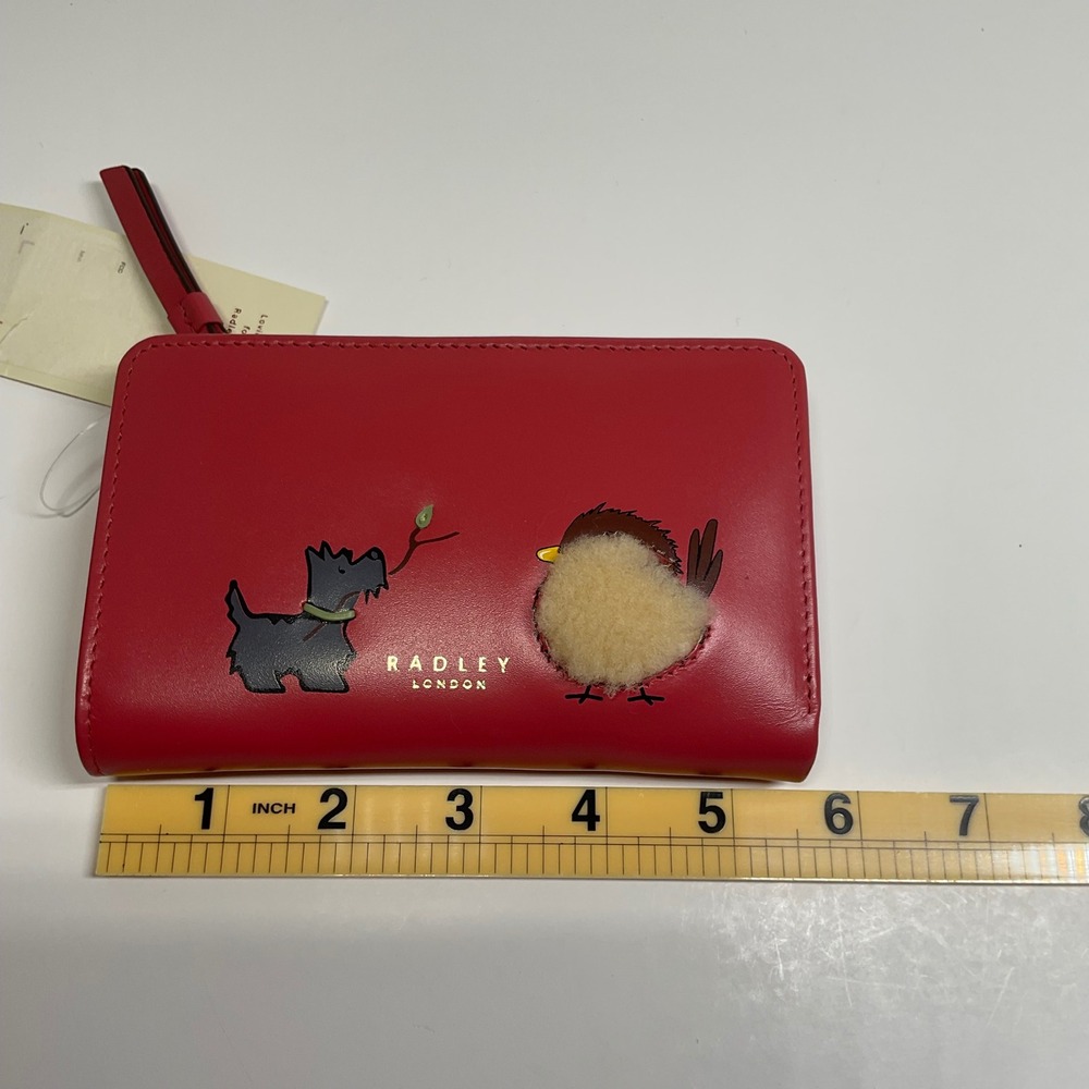 Radley London Red Leather Bifold Wallet Scottie Dog Robin Applique New With Tags - Picture 7 of 8